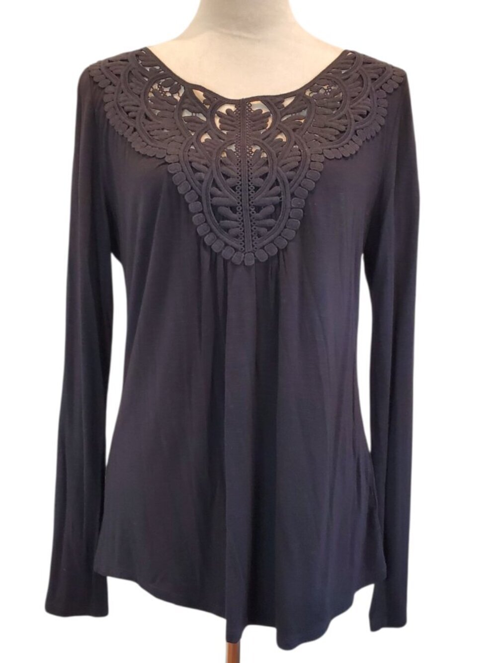 ANTHROPOLOGIE MEADOW RUE Boho Shirt Long-sleeve Embroidered Lace Yoke Top Black